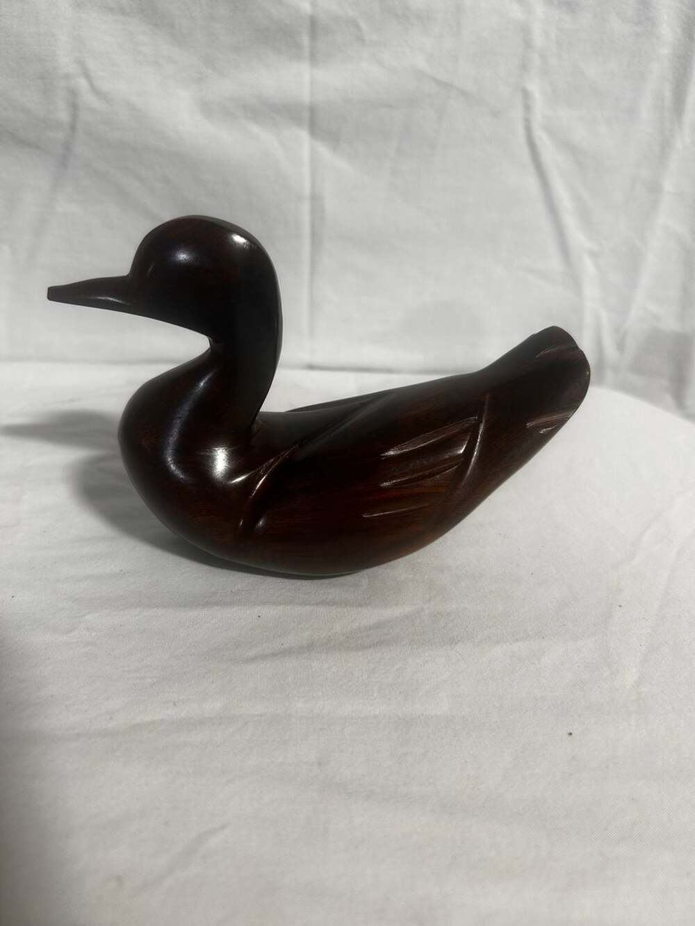 Vintage Hand Carved Dark Wood Duck Figurine 7 Inch